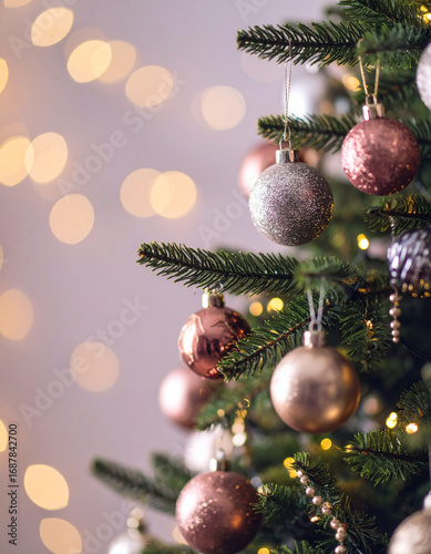 Christmas Ornaments on Tree in Warm Holiday Atmosphere