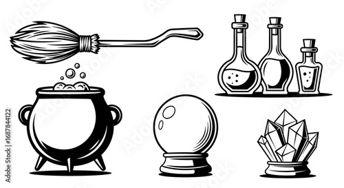 Witchcraft Elements Broom, Cauldron, Crystals, and Magical Potions