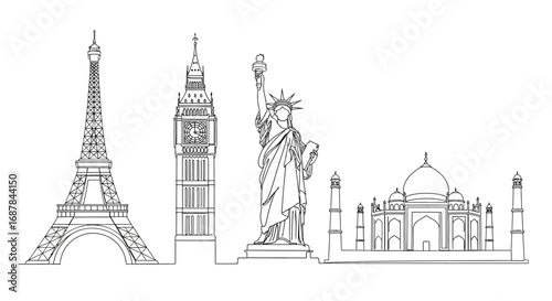 A linear graphic collection of famous world landmarks and architectural monuments. Minimalist outline illustration for global travel and tourism concepts
