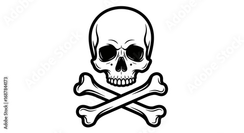Stylized human skull and crossbones emblem on a white background. A classic vector icon representing danger, poison, or piracy