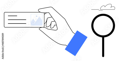 Hand holding a card with text and image placeholder, magnifying glass highlighting search and exploration. Ideal for identity, analysis, focus, research, investigation, information, simple flat