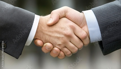 The image shows two people in business suits shaking hands; their hands are clasped firmly together, and their sleeves are visible.