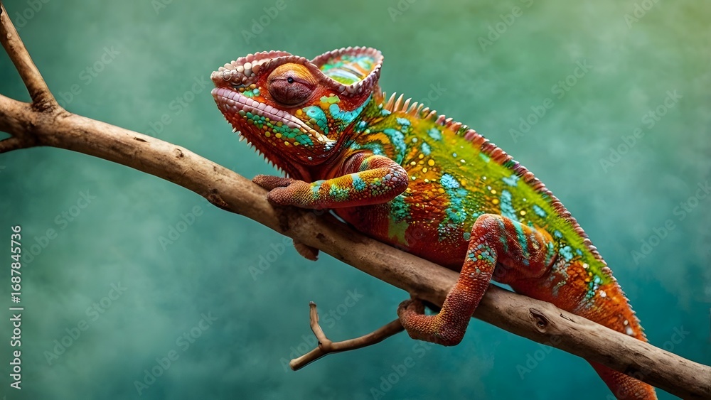 Fototapeta premium Vibrant Chameleon Full Body on Branch Colorful Exotic Reptile Macro Photography