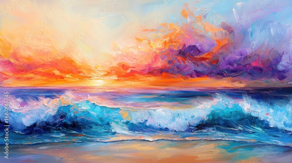 Obraz premium Vibrant sunset over ocean waves, colorful painting.
