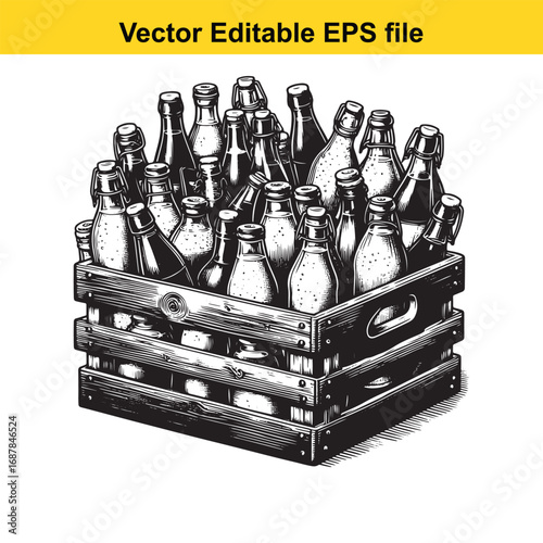Wooden crate full of beer bottles, isolated on white background