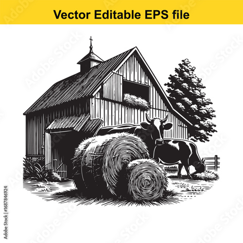 Black and white illustration of a cow near hay bales and a barn