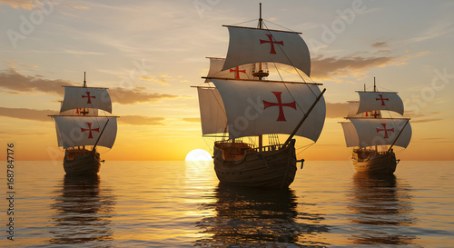 Three Historic Sailing Ships on the Ocean at Sunset | Maritime Exploration and Nautical Adventure for Historical Presentations and Educational Materials