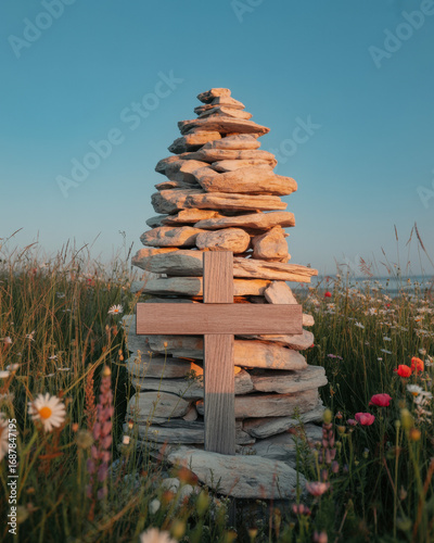 Stacked stone cairn with wooden cross standing in wildflower meadow at sunset