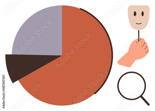 Pie chart representing data division, hand holding smiling mask, and magnifying glass suggest analysis, hidden aspects, and clarity. Ideal for research, statistics, emotion, honesty business