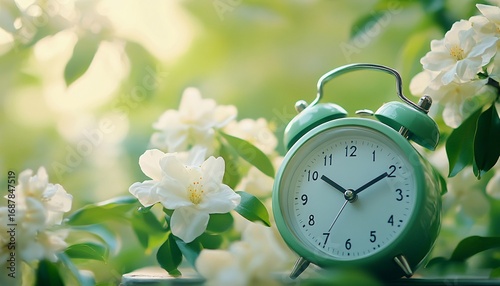 A mint green alarm clock sits on a surface surrounded by white flowers and vibrant green leaves in soft sunlight.