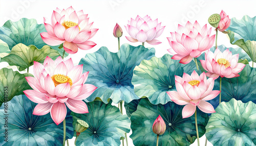 Beautiful watercolor illustration of pink lotus flowers and green leaves, symbolizing purity, peace, and nature, set against a clean white background for artistic elegance.