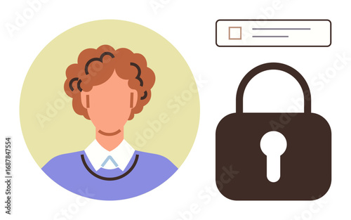 Person avatar alongside lock and login bar emphasizes data protection, login security, privacy, and user identification. Ideal for cybersecurity, authentication, login systems, data safety, personal