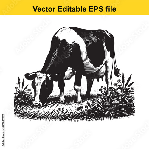 Black and white illustration of a cow grazing in a field, isolated on white background