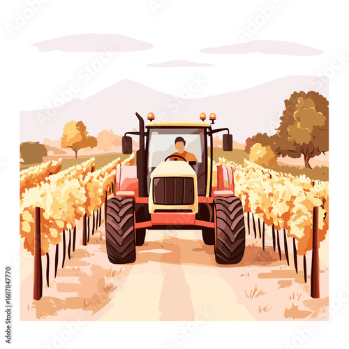 Vibrant Tractor Working Through Autumn Vineyard Landscape