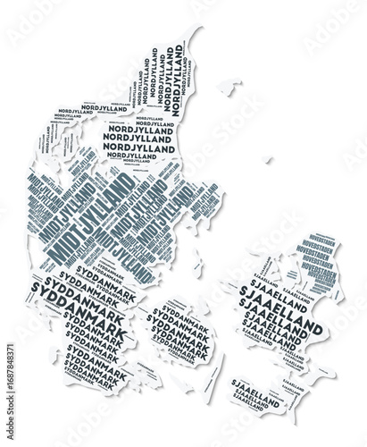 Denmark shape text cloud. Country border with shadow on white background. Denmark with regions division in vintage gazette style. Stylish vector illustration.