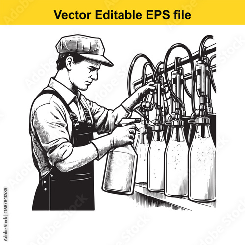 Farmer attaching milking machine to bottles, isolated on white background