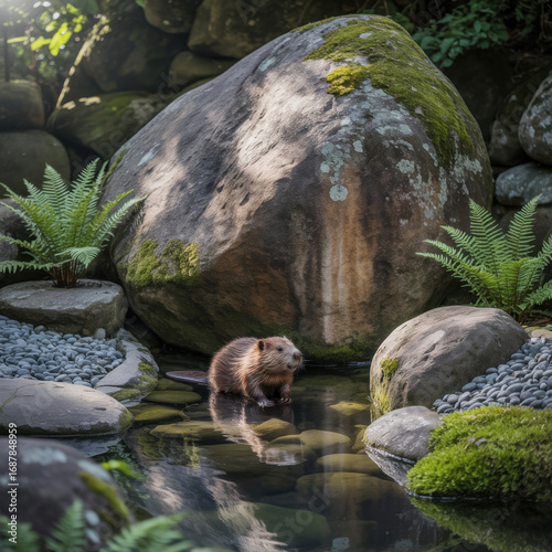 Beaver resting on a rock in a calm pond framed by mossy stones and ferns