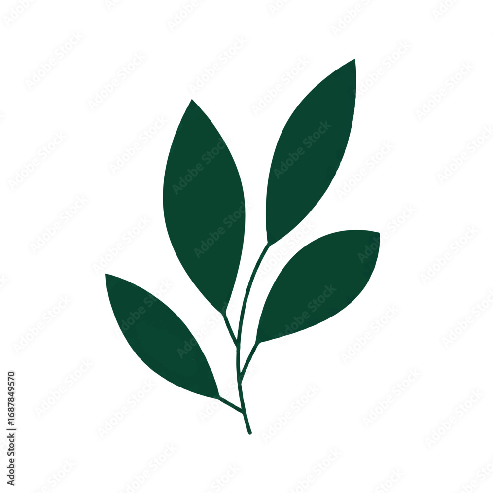 Naklejka premium Elegant emerald green sprig featuring three gently curving leaves, a minimalist 2D flat vector illustration isolated cleanly on a bright white background.