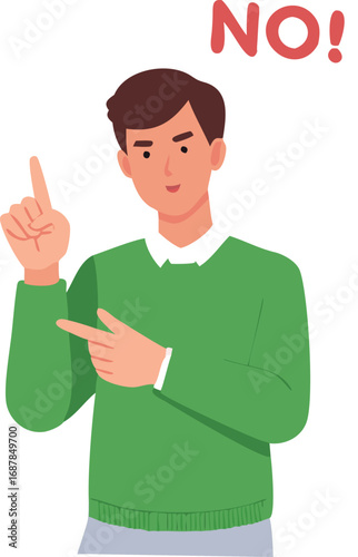 Man making a negative gesture with his fingers and the word no