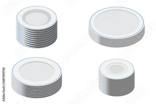 Isometric plate set. Empty plate set. Isometric cutlery. Isometric tableware set. Vector illustration