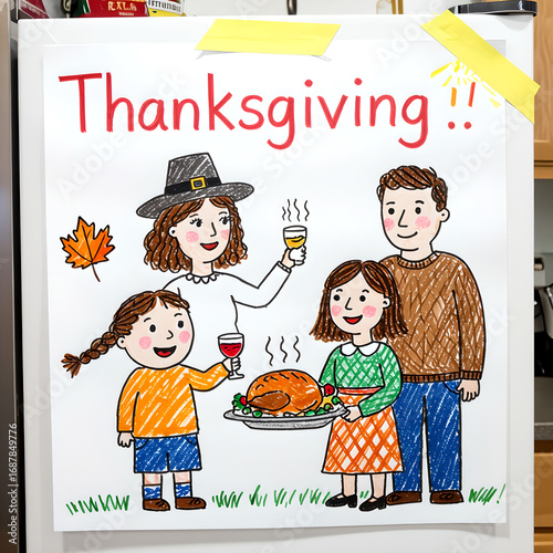 Playful hand drawn Thanksgiving family illustration with roasted turkey, parents and children toasting, festive maple leaf accents, and cheerful holiday lettering on white background