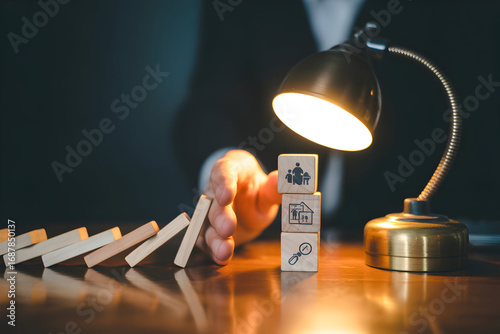 Stock image featuring a person stopping stacked wooden blocks under a desk lamp that has a shiny light