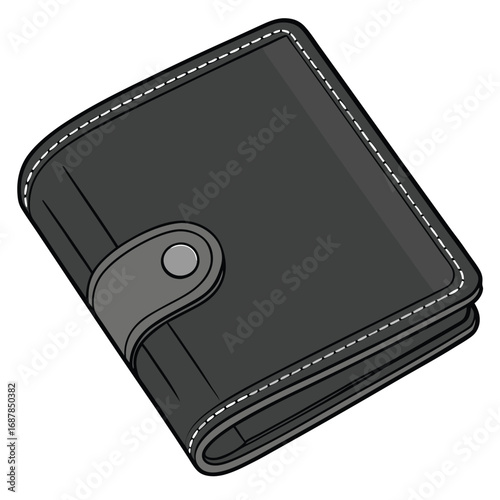 Black leather bifold wallet with snap closure isolated on white background