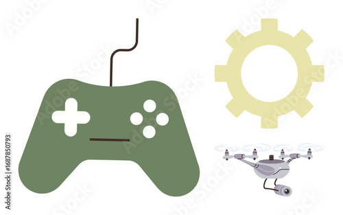 Game controller with cord, yellow gear cog, modern Quadcopter with six propellers. Ideal for gaming, technology, innovation, automation, AI concepts creativity futuristic ideas. Simple flat metaphor