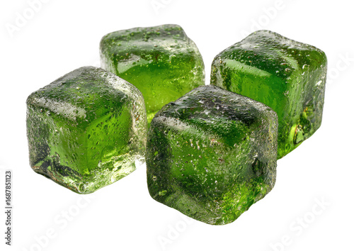 Four vibrant green, cube-shaped candies, slightly translucent, with a frosty, icy texture