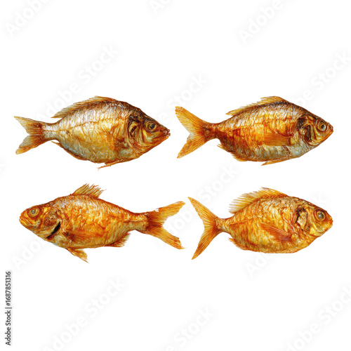 Four fried fish, golden brown, arranged in two rows