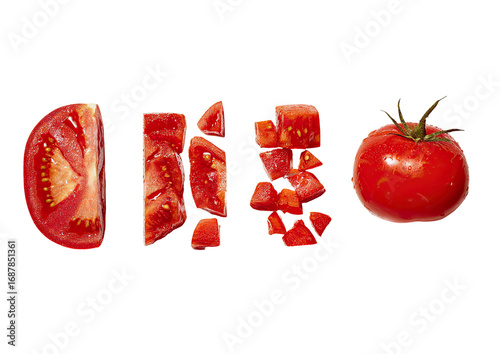 A horizontal arrangement of a whole tomato and progressively smaller cuts of the same tomato, showcasing its preparation