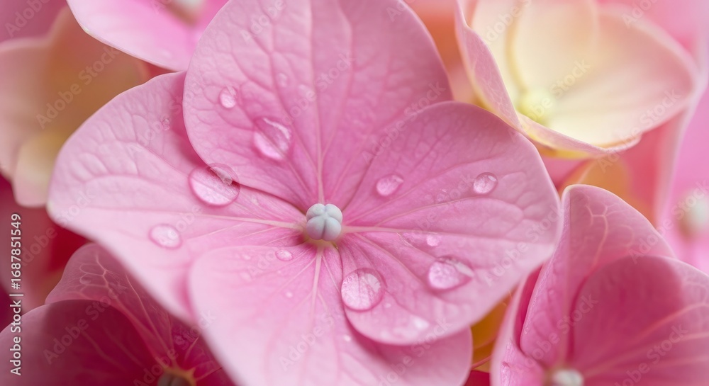 Fototapeta premium Serene Macro of Pink Hydrangea Florets Adorned with Glistening Water Droplets.