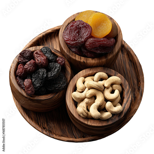 Three small wooden bowls filled with dried fruit and nuts on a dark wooden platter