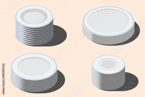 Isometric plate set. Empty plate set. Isometric cutlery. Isometric tableware set. Vector illustration