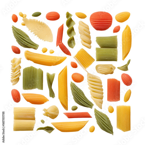 Colorful pasta assortment.  A vibrant array of pasta shapes, in various colors (yellow, orange, red, green), arranged in a grid pattern on a black background.  Each pasta piece is clearly defined