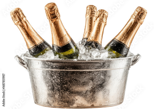 Five champagne bottles chilled in a metal ice bucket