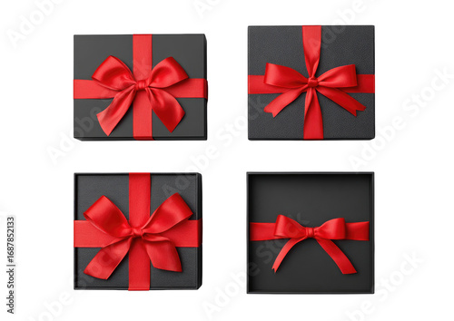 Four black gift boxes with red satin ribbons and bows, arranged in a grid