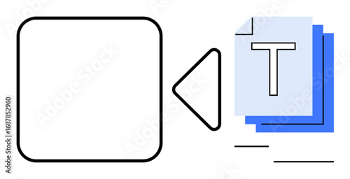 Camera icon next to stacked text pages representing transcription or content creation. Ideal for technology, media, software, communication, education, workflow, and simple landing page