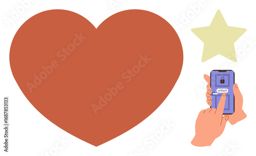 Large red heart, hand tapping mobile screen to unlock, yellow star. Ideal for love, security, technology, dating, relationships emotions and simplicity. Simple flat metaphor