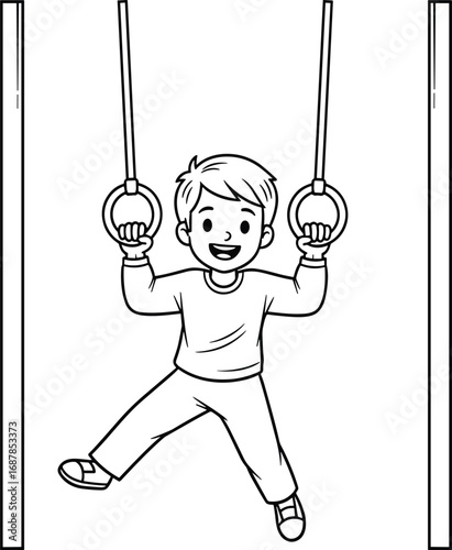 Cartoon boy, gymnastics rings, playful child, smiling face, athletic pose, indoor activity, strength, motion, balance, rope, grip, fitness, sport, cartoon style, 