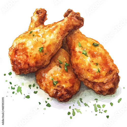 Fried Chicken, watercolor drawing vector, isolated on a white background.
