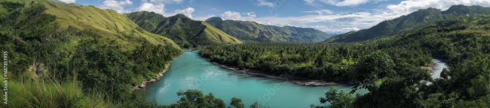 Fototapeta premium Serene river flowing through lush green mountains nature landscape photography tranquil environment aerial view