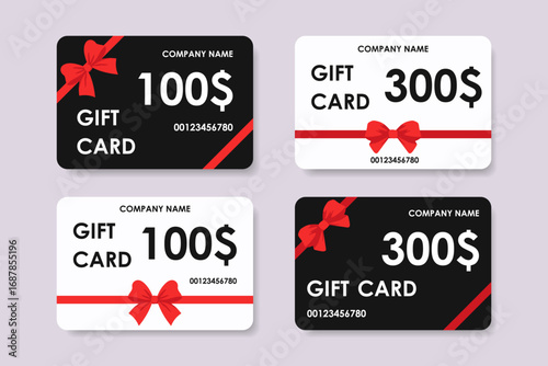 Collection of gift cards with red bows and dollar denominations. Gift certificate concept for holiday shopping and special occasions.