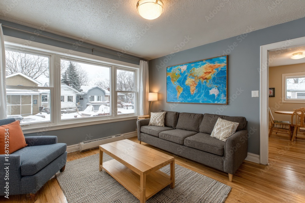 Fototapeta premium Cozy living room in a winter setting with a world map and comfortable furnishings inviting relaxation and warmth