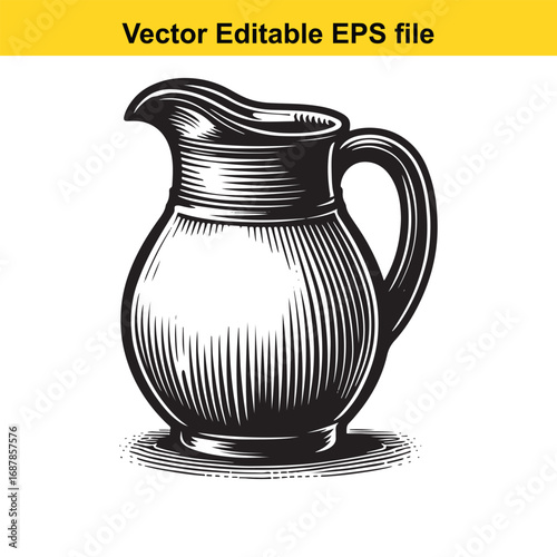 Vintage pitcher jug isolated on white background, engraved style