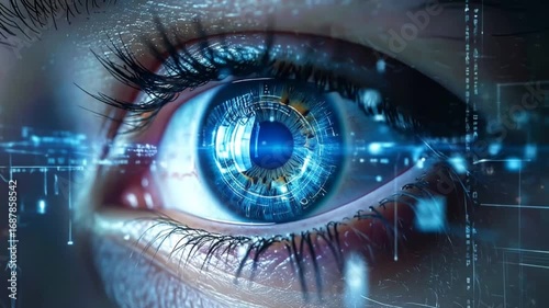 Future vision: Human eye with integrated digital technology and data overlay for futuristic concepts