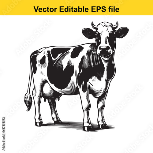 Black and white illustration of a holstein cow standing, isolated on white background