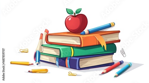 Colorful stack of books, pencils, and an apple.
