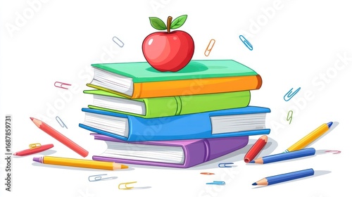 Stack of colorful books with an apple on top, surrounded by pencils and paperclips.