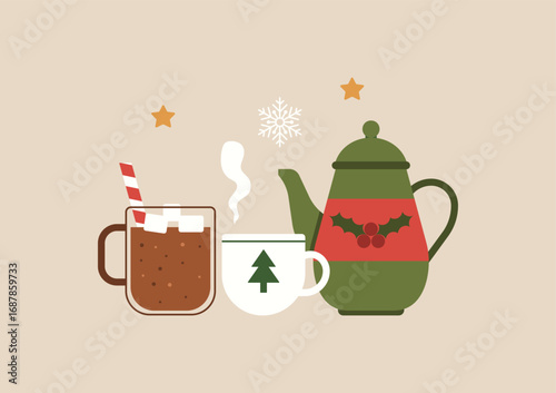 Hot cocoa with marshmallows, steaming coffee cup and festive teapot decorated with holly, cozy Christmas drink. Flat vector illustration